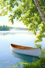 Fototapeta premium Serene canoe on a calm lake surrounded by greenery.