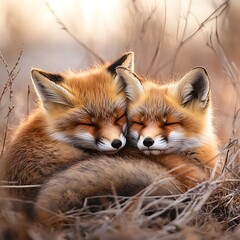 Obraz premium Sleepy Fox Cubs Embrace in Meadow