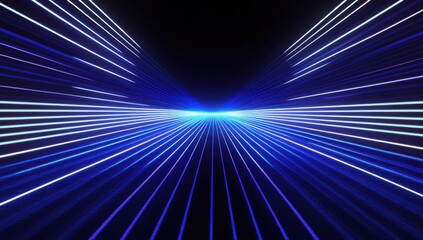 Futuristic Perspective of Blue Light Beams Radiating from a Central Point into a Dark Background Creating an Abstract Digital Scene