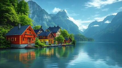 Fototapeta premium Beautiful Austrian village by lake mountains high resolution hd picture