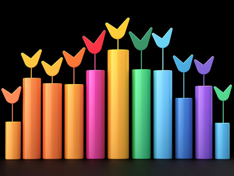 Tech stocks financial market volatility. Vibrant bar graph with colorful bird icons representing data trends - Powered by Adobe
