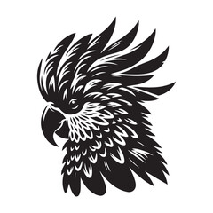 Cockatoo Bird Silhouette Vector Illustration, Solid White Background.