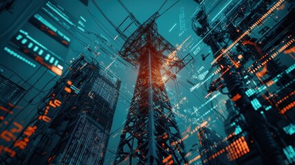 Obraz premium Futuristic Electric Tower with Digital Data Overlay at Night