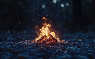 Fototapeta premium Cozy campfire burning at night in a forest. Sparks fly as the wood burns
