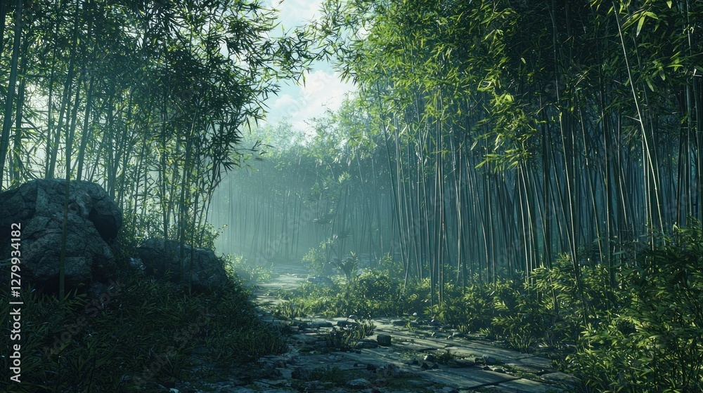 Poster Sunlit path through misty bamboo forest.