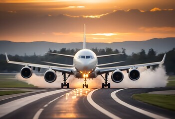 Modern Aircraft Departing at Sunrise with Dynamic Lighting