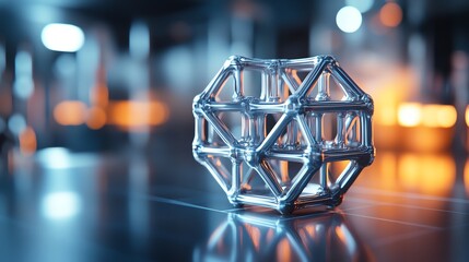 Abstract metal sculpture on a reflective surface.