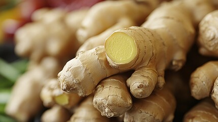 Fresh Ginger Rhizomes on Display with a Bright Yellow Interior