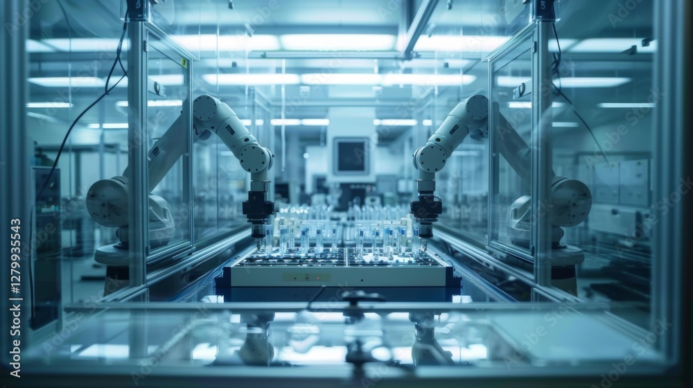 Poster Robotic arms are carefully assembling components on a conveyor in a high tech factory. Bright lighting highlights the precision of machinery and organized workflow.