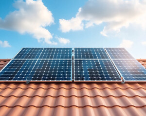 Smart home automation innovation. Solar panels on rooftop under bright sky with clouds