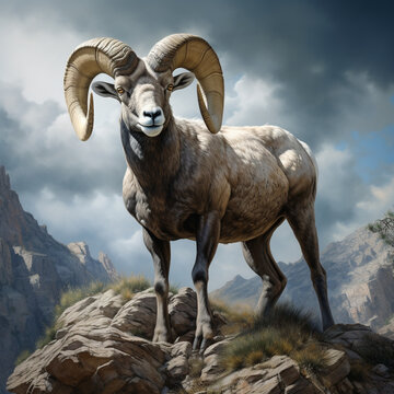 Bighorn Sheep standing in a mountain landscape. Animal front portrait.