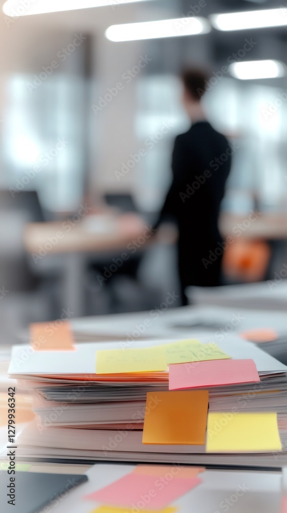 Poster Office setting with blurred figure in background, focus on stack of documents covered in sticky notes, symbolizing multitasking, time management, and work related stress