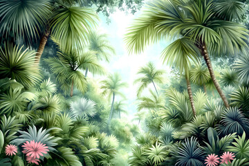 Painting of a lush jungle with palm trees and flowers. The painting has a serene and peaceful mood, with the bright colors of the flowers and the green foliage creating a sense of calm