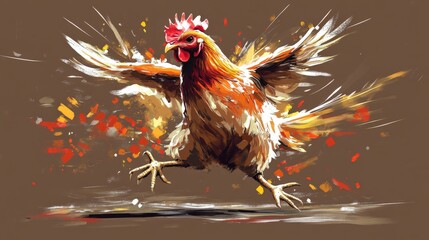 Fototapeta premium Vibrant illustration of a chicken in mid-flight with dynamic splashes of color in the background