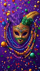 Naklejka premium Bead Necklaces and Mardi Gras Mask Flat Lay, Mardi Gras 