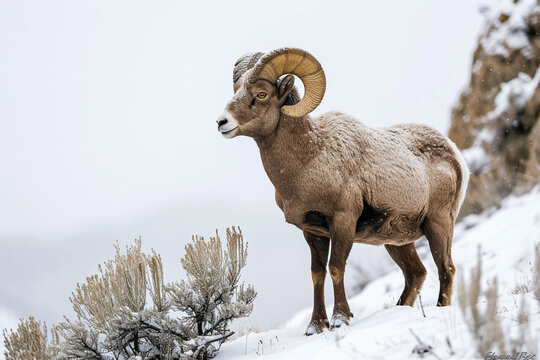 Bighorn Sheep standing in a mountain landscape. Animal front portrait.