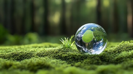 Glass Sphere Reflecting Earth in Lush Green Forest Environment