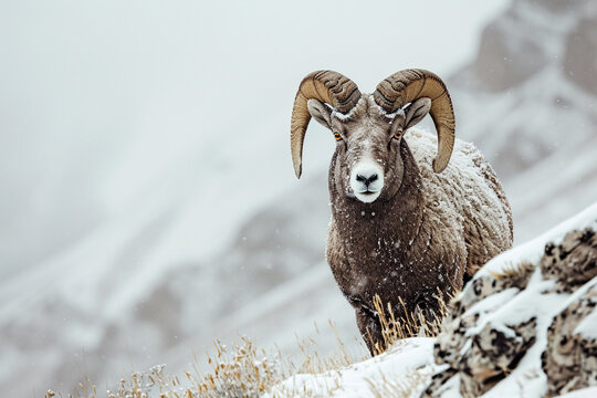 Bighorn Sheep standing in a mountain landscape. Animal front portrait.