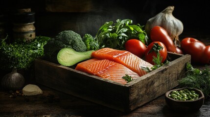 Fresh salmon fillets surrounded by vibrant vegetables and herbs in a rustic wooden setting
