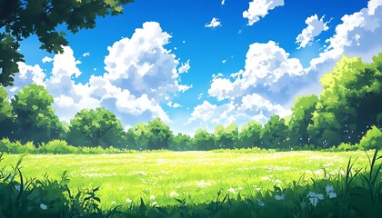Fototapeta premium Sunny meadow, forest backdrop, idyllic scene