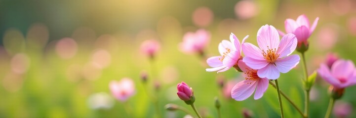 Fototapeta premium Close-up shot of delicate pink and white blossoms in a meadow, floral, blooming, macro