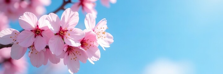 Fototapeta premium Close-up shot of delicate cherry blossoms against a blue sky, serene, flowers
