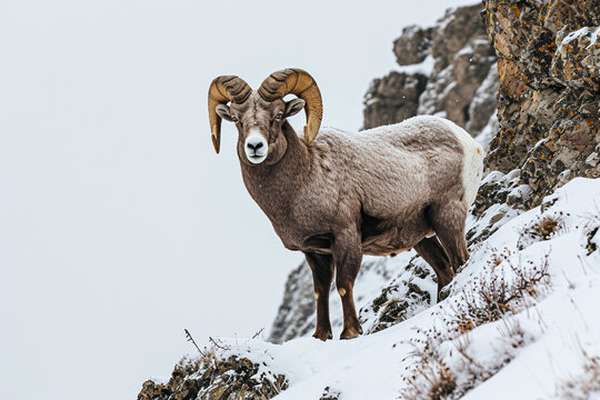 Bighorn Sheep standing in a mountain landscape. Animal front portrait.