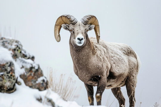 Bighorn Sheep standing in a mountain landscape. Animal front portrait.
