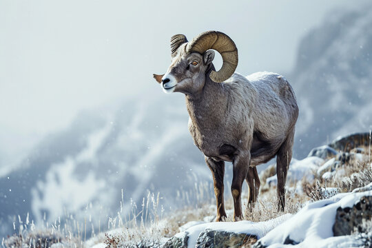 Bighorn Sheep standing in a mountain landscape. Animal front portrait.