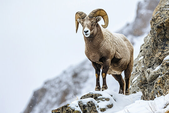 Bighorn Sheep standing in a mountain landscape. Animal front portrait.