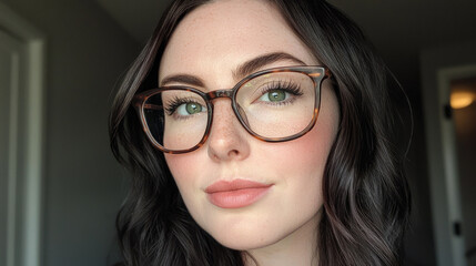 Fototapeta premium A selfie of an attractive woman with dark hair and glasses, wearing large, rectangular-framed brown eyeglasses, generative AI