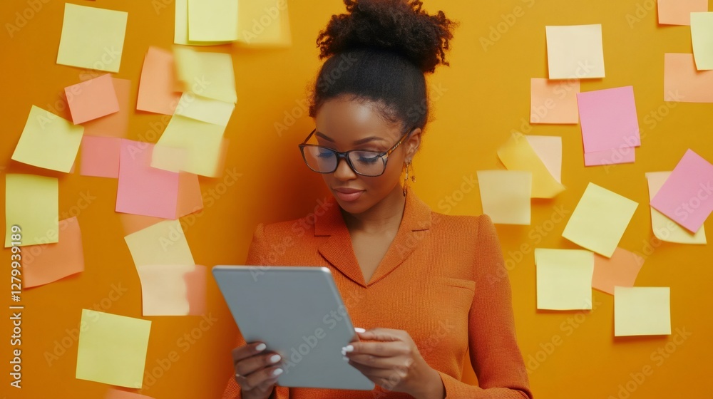 Poster Professional woman focused on managing tasks using a digital tablet, surrounded by colorful sticky notes on an orange background, symbolizing multitasking and time management