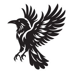 Crow Bird Silhouette Vector Illustration, Solid White Background.