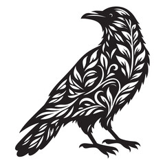 Crow Bird Silhouette Vector Illustration, Solid White Background.