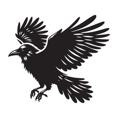 Crow Bird Silhouette Vector Illustration, Solid White Background.