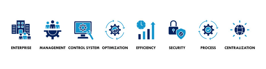 Industrial control system banner web icon vector illustration concept with icon of enterprise, management, control system, optimization, efficiency, security, process, centralization