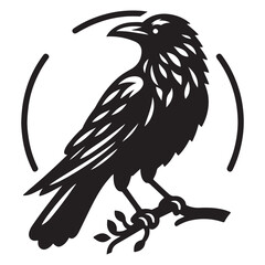 Crow Bird Silhouette Vector Illustration, Solid White Background.