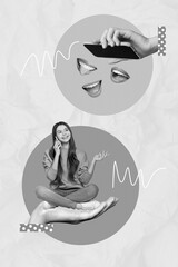 Vertical creative photo collage of lovely positive cute nice girl sitting on hand talking...