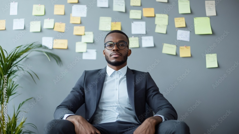 Poster Confident businessman sits in front of a wall covered with sticky notes, symbolizing multitasking and time management challenges in a high pressure work environment