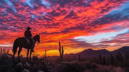 Fototapeta premium dramatic desert sunset with a silhouette of cacti, a lone rider on horseback, and the sky ablaze with fiery colors, Generative AI