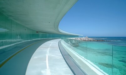 Curved Coastal Walkway with Ocean View under Bright Sunlight
