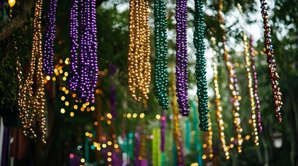 Bead Necklaces Hanging on Trees and Balconies During Mardi Gras, Mardi Gras