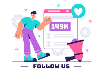 Follow Us and Like Vector Illustration for Social Media Advertisements, Featuring Users Engaging with an Interesting Page to Gain Followers