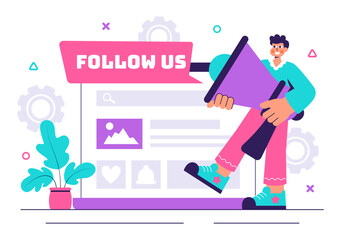 Follow Us and Like Vector Illustration for Social Media Advertisements, Featuring Users Engaging with an Interesting Page to Gain Followers