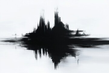 Fototapeta premium Abstract black ink splatter resembling a city skyline reflected in water.