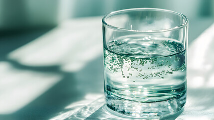 close-up of a transparent glass with spirulina water, glowing in soft natural light 