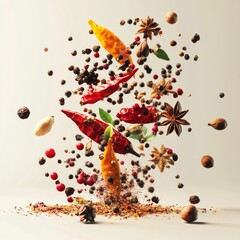 Colorful assortment of spices and herbs exploding mid-air