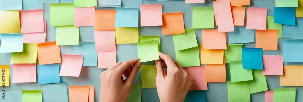Aufkleber Hands organizing a chaotic array of colorful sticky notes, symbolizing multitasking and time management. The scene conveys stress and the pressure of meeting work deadlines efficiently