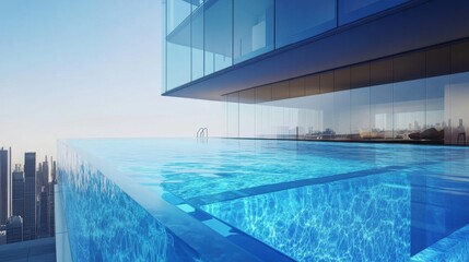 Obraz premium A luxurious swimming pool enclosed in a transparent glass tank, filled with crystal-clear water, reflecting the blue sky and surrounding modern architecture.