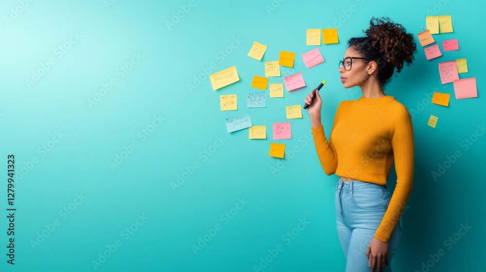 Poster young professional organizing tasks with colorful sticky notes on a vibrant wall. she holds a marker